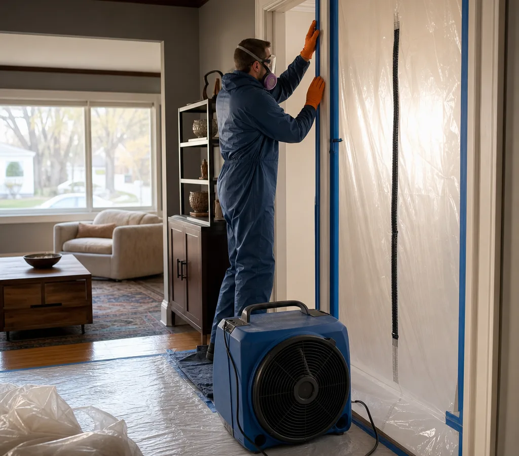 Technician setting up containment and a HEPA air scrubber at a Buffalo-area home