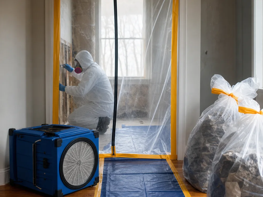 Contained work area with a plastic zip door, HEPA negative-air machine, floor protection, and labeled waste bags