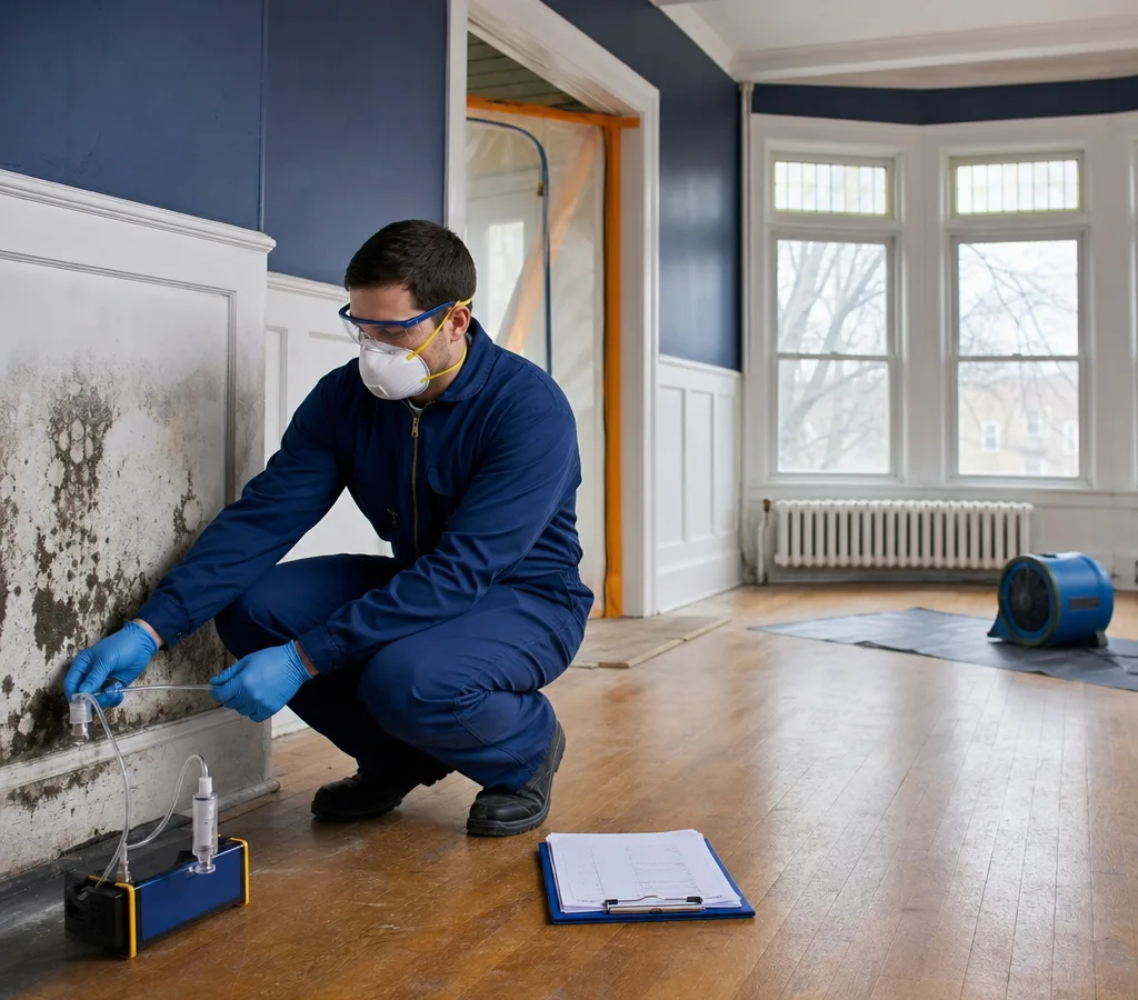 Technician in PPE collecting an air sample in a Buffalo-area home with a calibrated pump and sampling plan