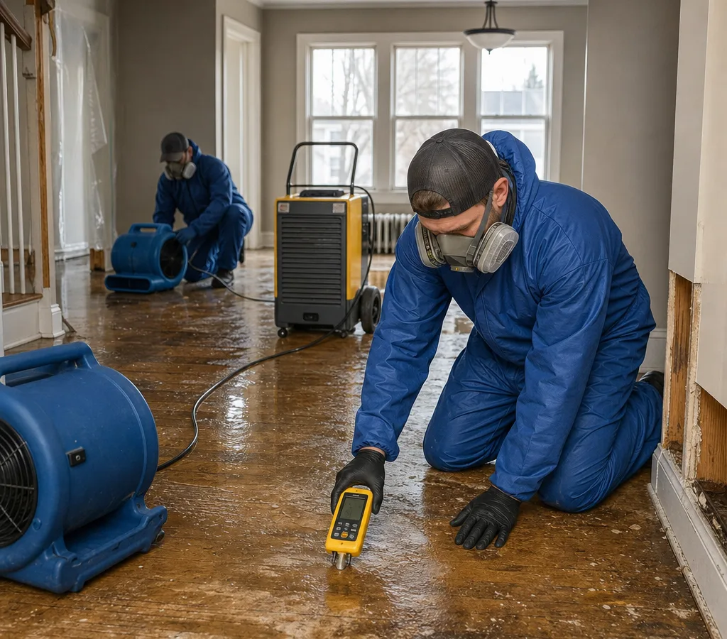 Technicians using commercial air movers, a dehumidifier, and moisture meters in a Buffalo home with water-damaged flooring