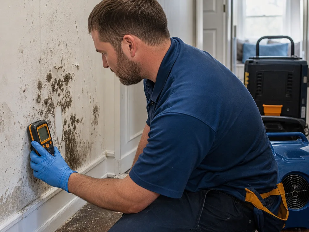 Technician taking moisture readings at drywall and baseboards with drying equipment staged in a residential hallway