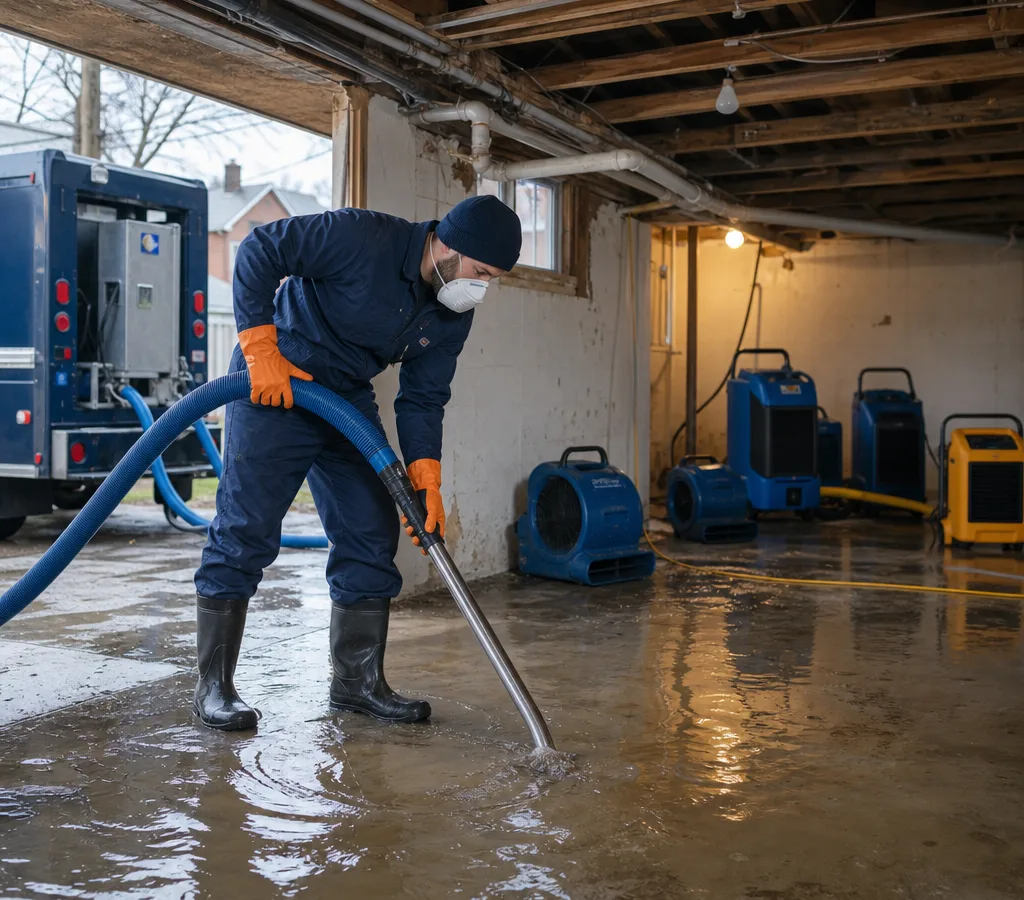 Technician extracting standing water from a Buffalo basement with drying equipment staged nearby