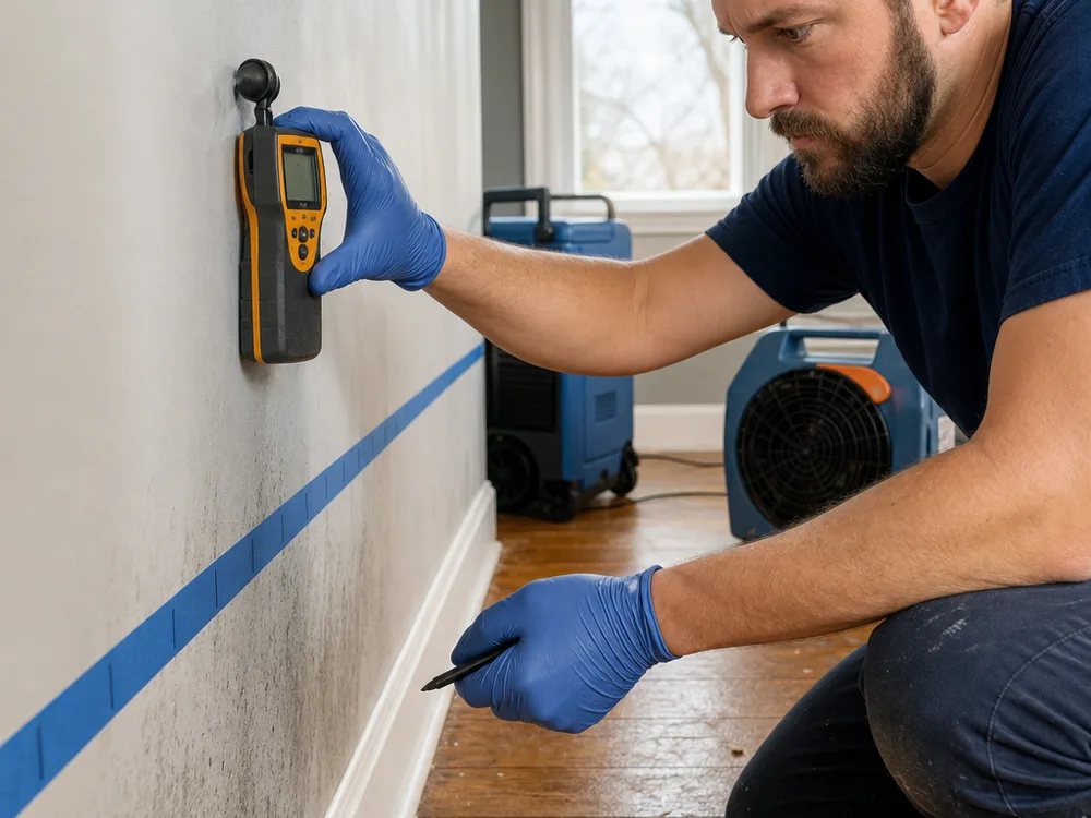 Technician mapping moisture at a baseboard and drywall while dehumidifiers operate